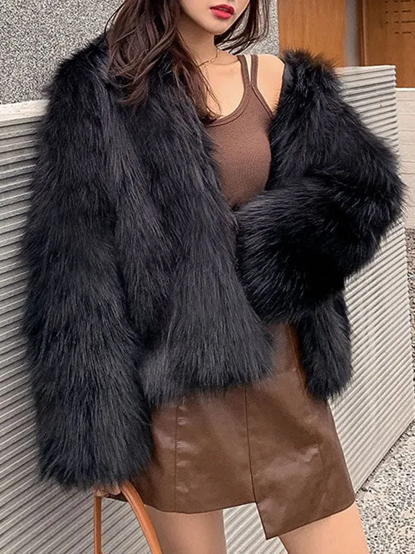 Faux Fur Coats For Women White Long Sleeves Hooded Polyester Apricot Short Winter Coat