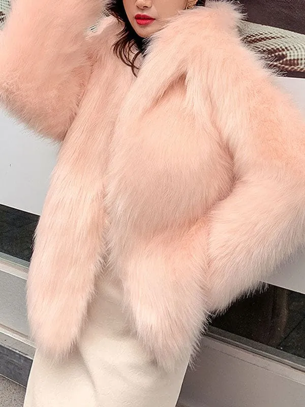 Faux Fur Coats For Women White Long Sleeves Hooded Polyester Apricot Short Winter Coat