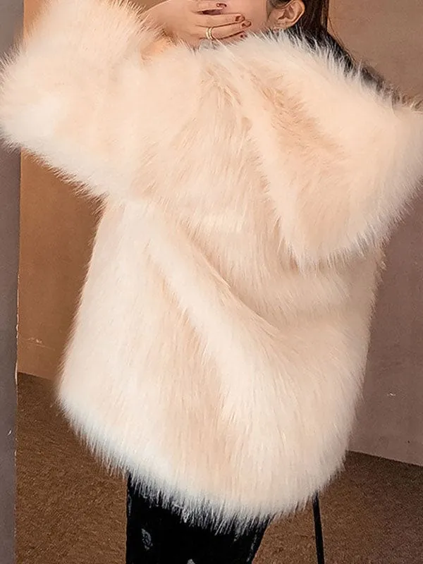Faux Fur Coats For Women White Long Sleeves Hooded Polyester Apricot Short Winter Coat