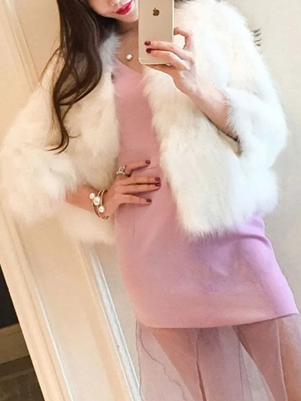 Faux Fur Coats Grey Long Sleeves Polyester Short Winter Coat