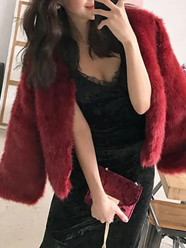 Faux Fur Coats Grey Long Sleeves Polyester Short Winter Coat
