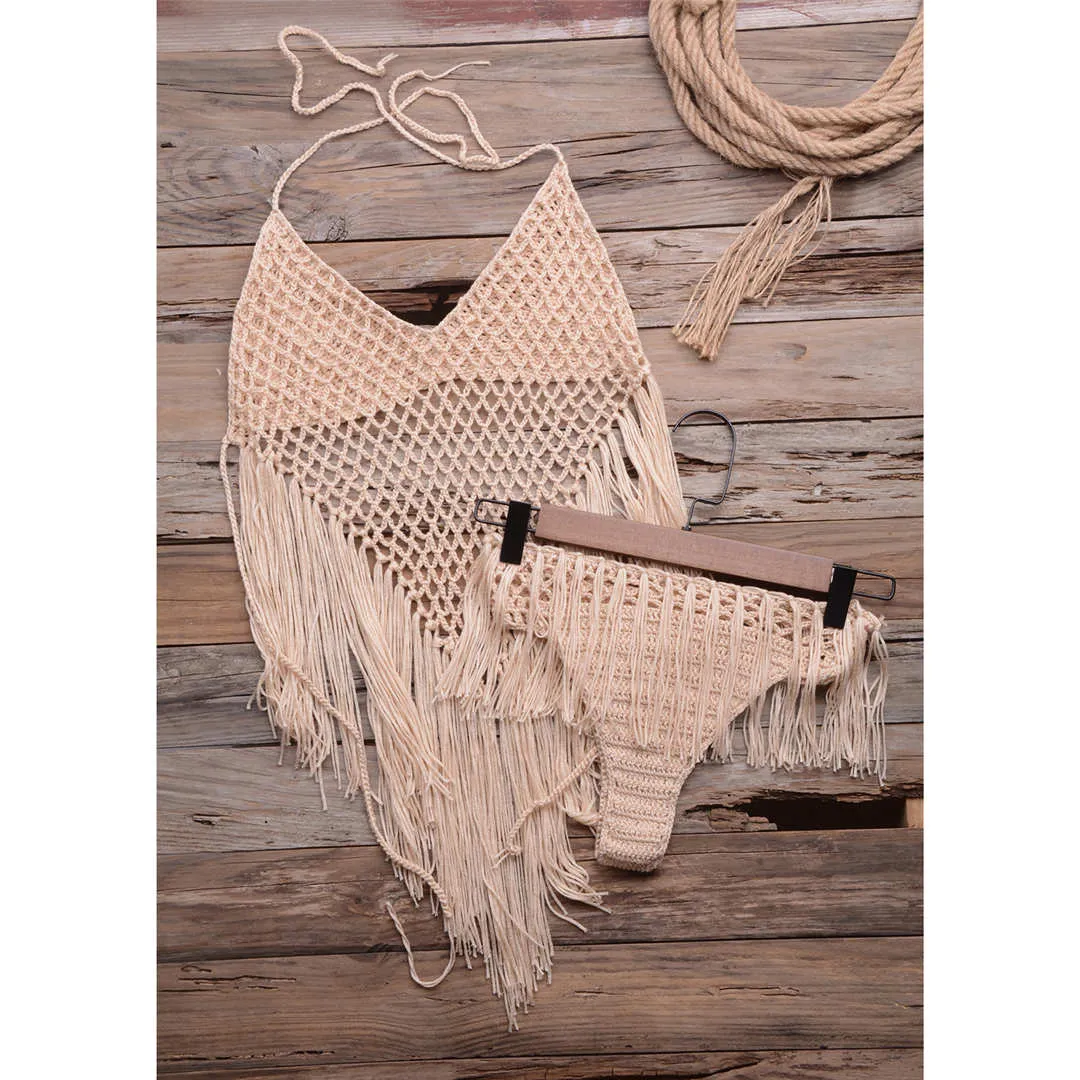 Fishnet Crochet Weave Knitted Bikini Women Swimwear Female Swimsuit Two-pieces Bikini set Tassel Bather Bathing Suit Swim V2367