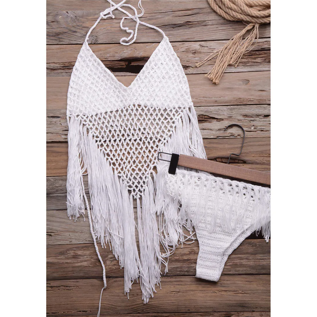 Fishnet Crochet Weave Knitted Bikini Women Swimwear Female Swimsuit Two-pieces Bikini set Tassel Bather Bathing Suit Swim V2367