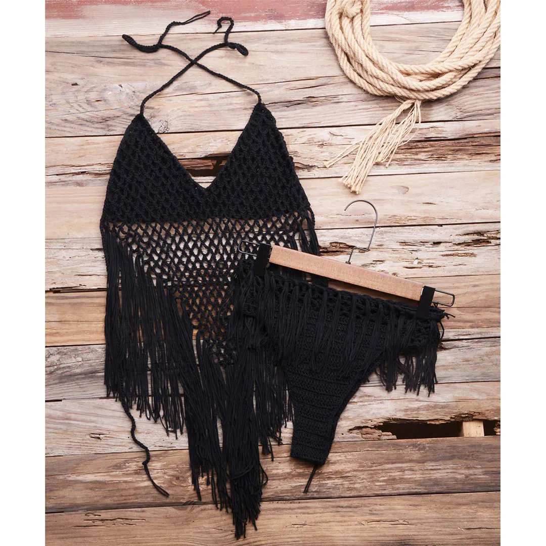 Fishnet Crochet Weave Knitted Bikini Women Swimwear Female Swimsuit Two-pieces Bikini set Tassel Bather Bathing Suit Swim V2367