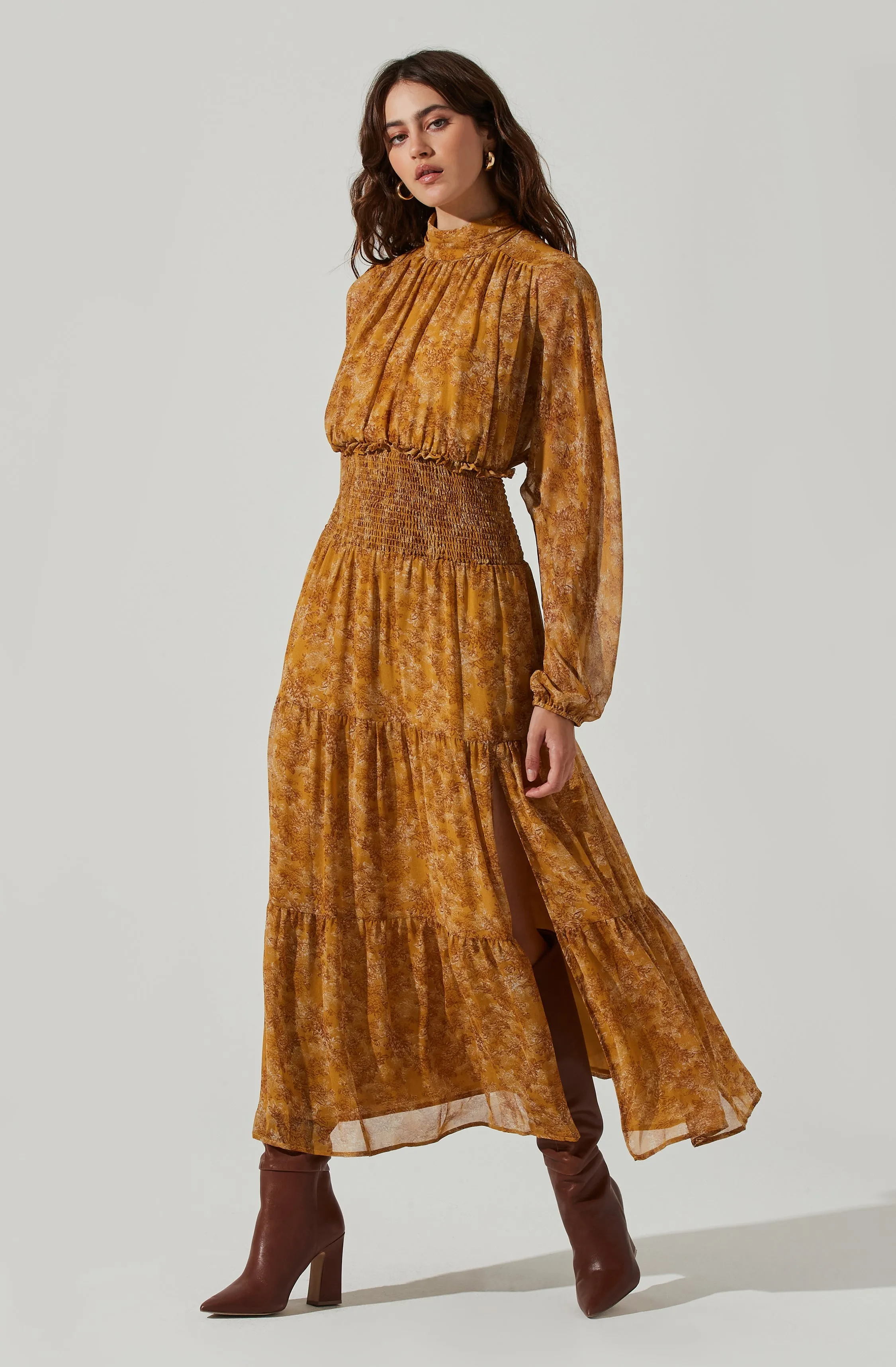 Floral Mock Neck Smocked Waist Maxi Dress