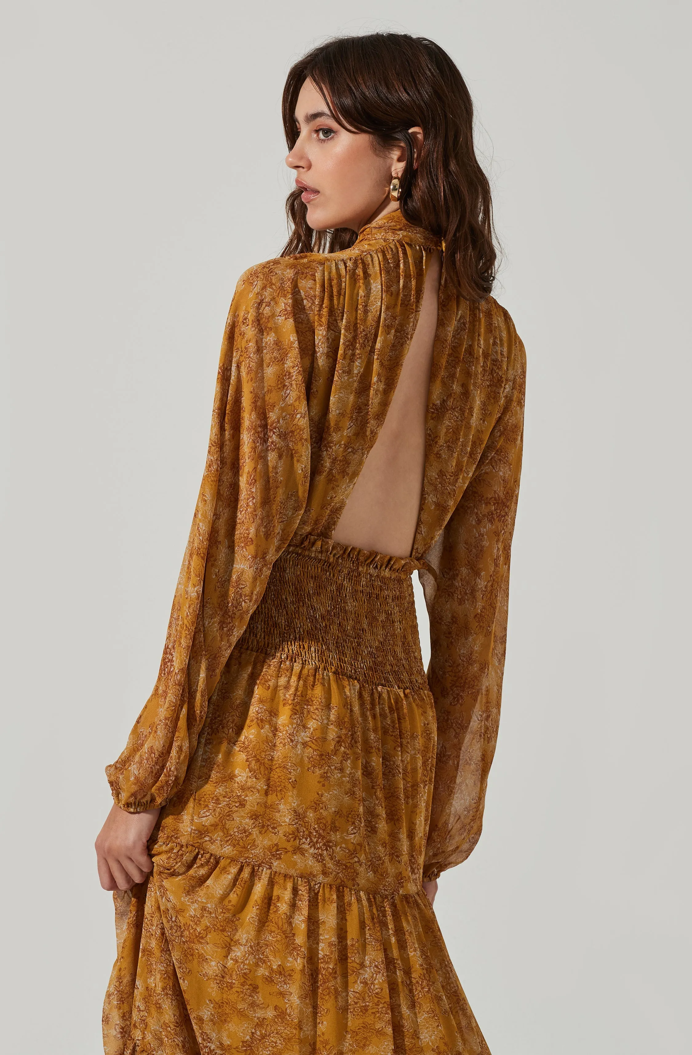 Floral Mock Neck Smocked Waist Maxi Dress