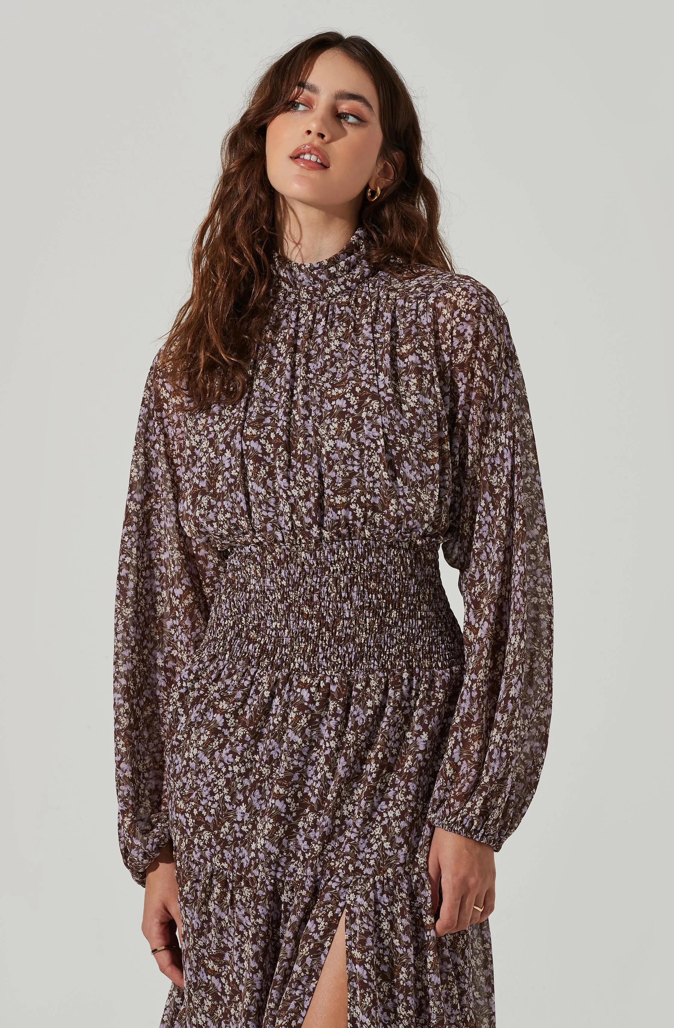 Floral Mock Neck Smocked Waist Maxi Dress