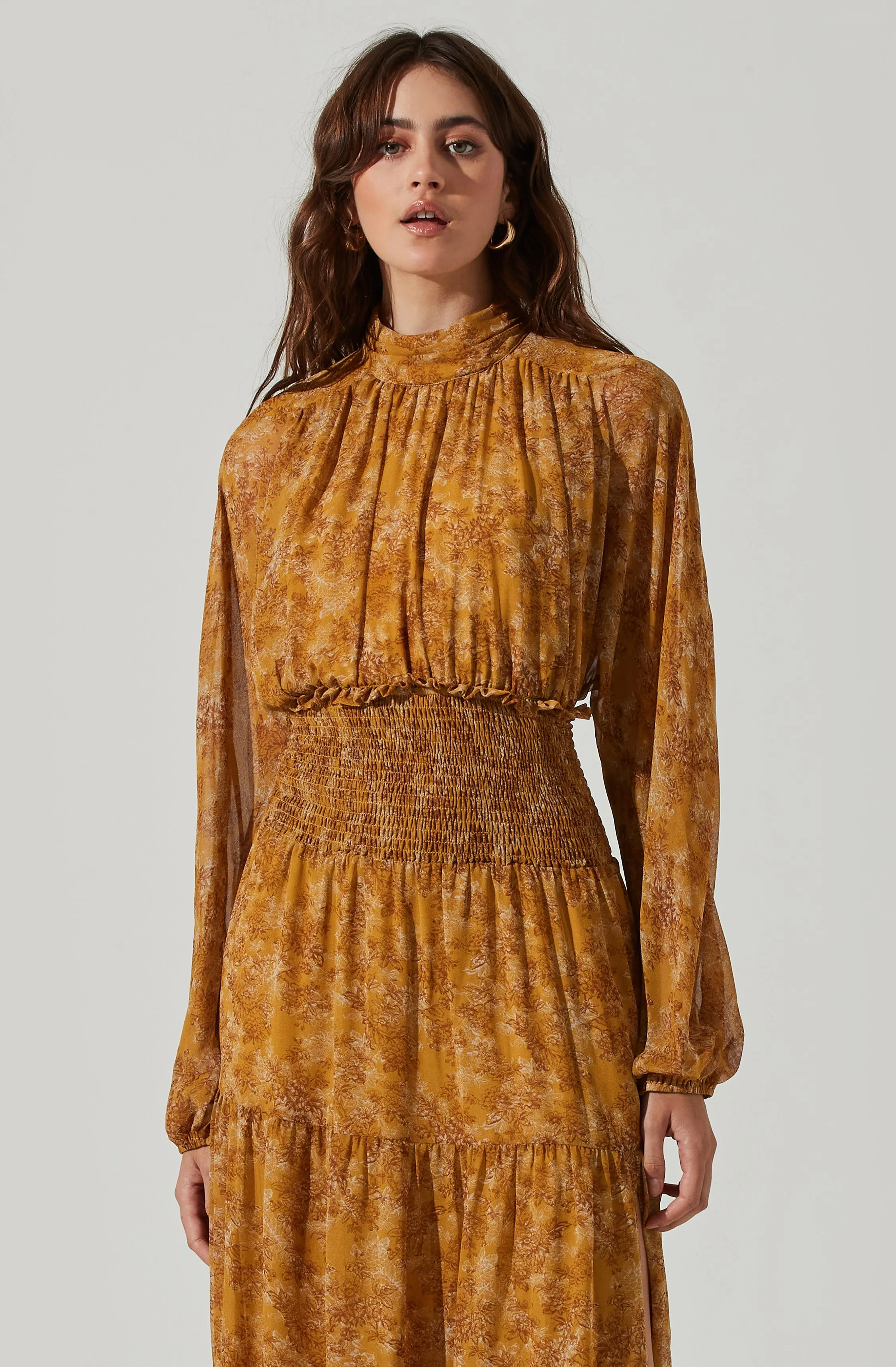 Floral Mock Neck Smocked Waist Maxi Dress