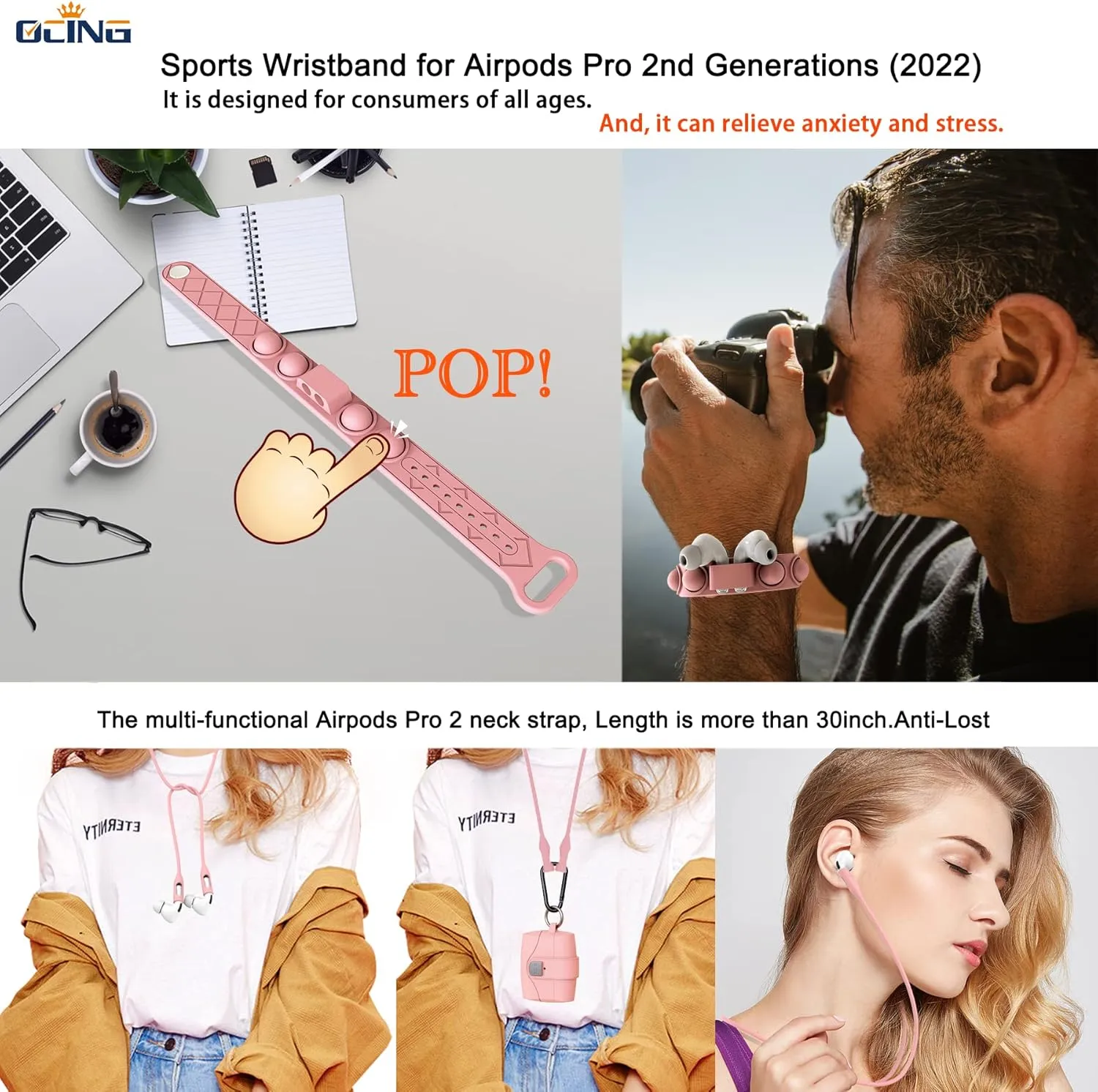 for 6 in One Airpods Pro Case (2024/2023/2022/2019, 3rd/2nd/1st Gen), Soft Silicone Skin for AirPods Pro 2nd Generation Case with Secure Lock, Supports (USB-C) & Wireless Charging, Pink