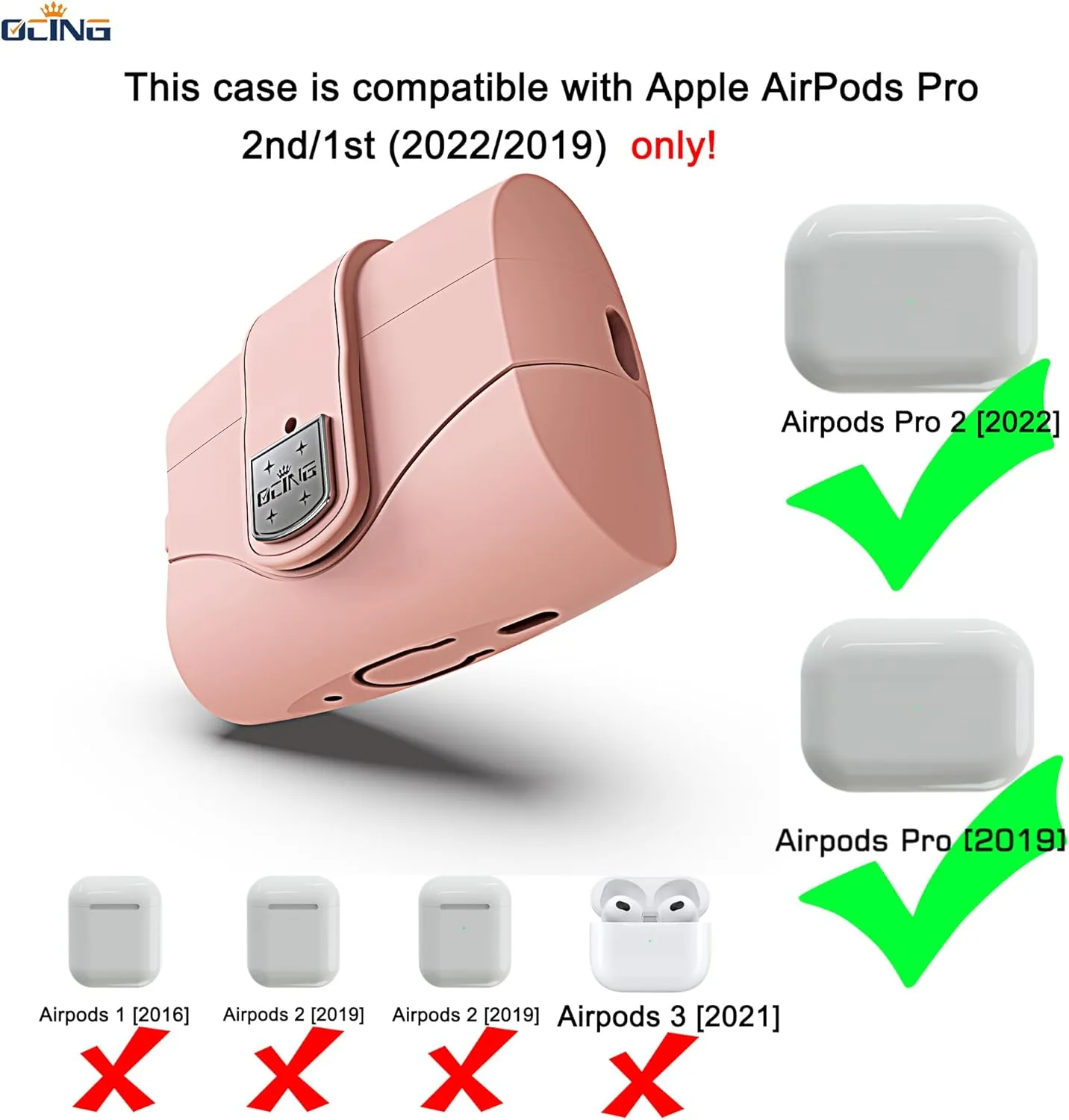 for 6 in One Airpods Pro Case (2024/2023/2022/2019, 3rd/2nd/1st Gen), Soft Silicone Skin for AirPods Pro 2nd Generation Case with Secure Lock, Supports (USB-C) & Wireless Charging, Pink
