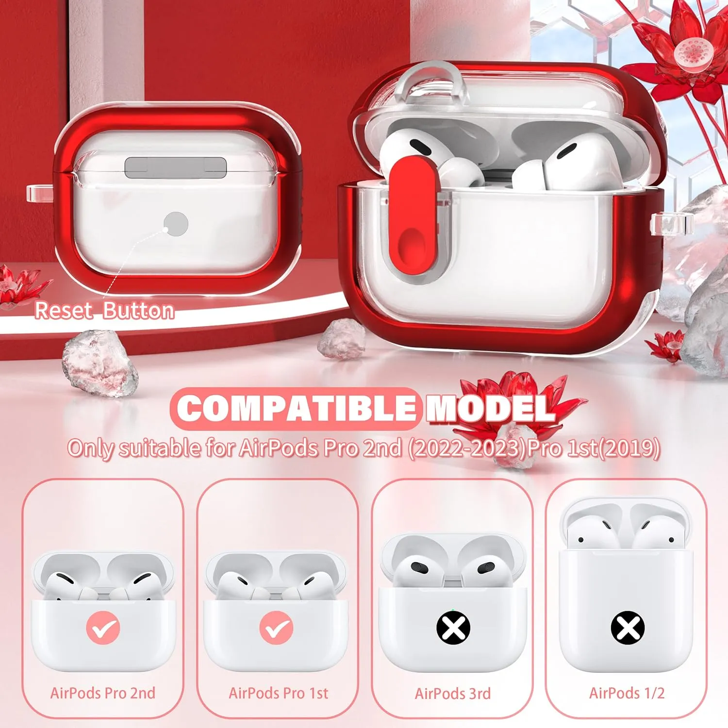 for AirPods Pro Case (2023/2022/2019, 2nd/1st Gen), Compatible with Airpods Pro 2nd Generation (USB-C/Lightning Cable), Multifunctional Carry-on Bracelet with Cleaning Kit, Red
