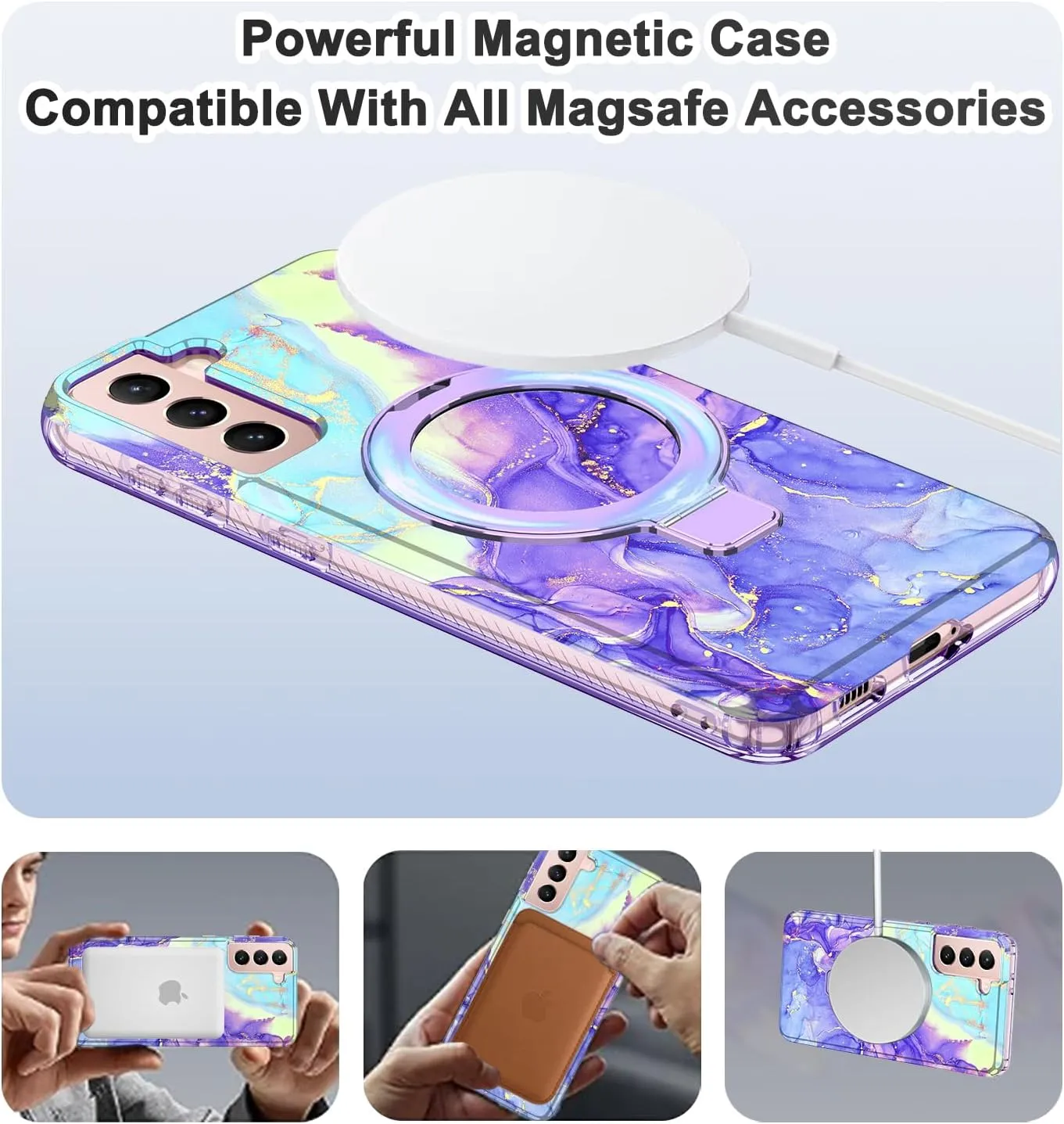 for Samsung Galaxy S21 Case with Magnetic Invisible Ring Stand [Compatible with MagSafe], Full Body Rugged Slim Women Men Girl Shockproof Marble Pattern Design Case, Cobalt Violet
