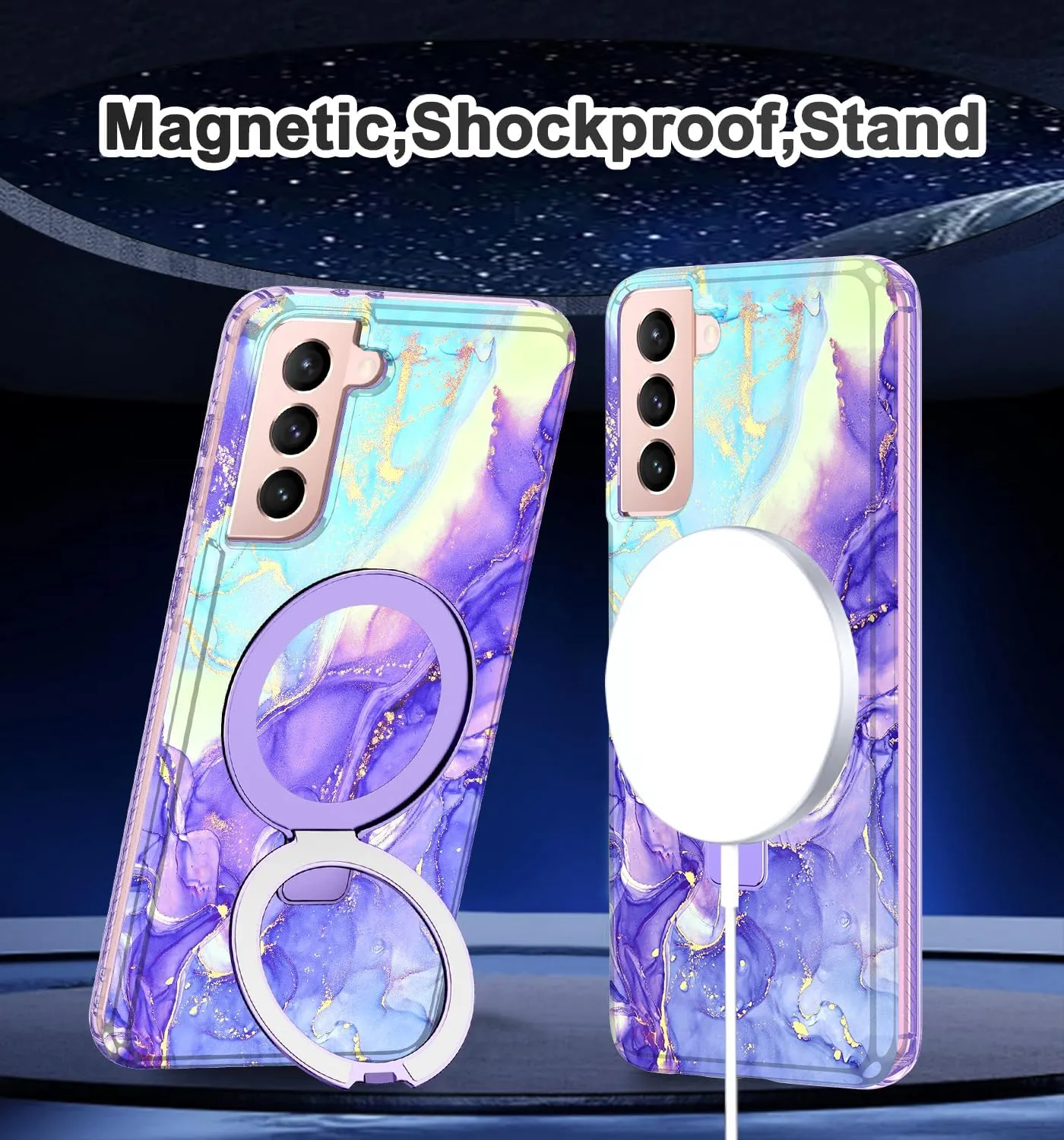 for Samsung Galaxy S21 Case with Magnetic Invisible Ring Stand [Compatible with MagSafe], Full Body Rugged Slim Women Men Girl Shockproof Marble Pattern Design Case, Cobalt Violet