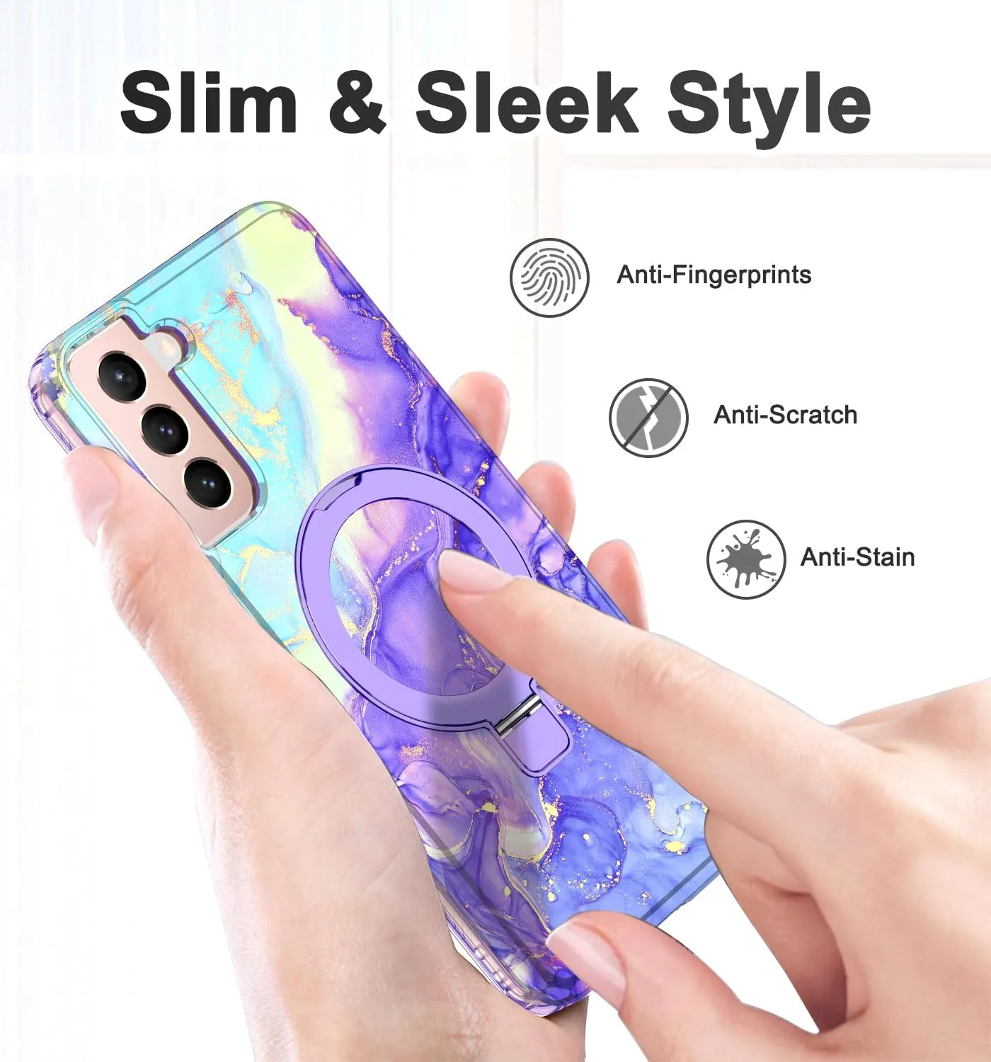 for Samsung Galaxy S21 Case with Magnetic Invisible Ring Stand [Compatible with MagSafe], Full Body Rugged Slim Women Men Girl Shockproof Marble Pattern Design Case, Cobalt Violet