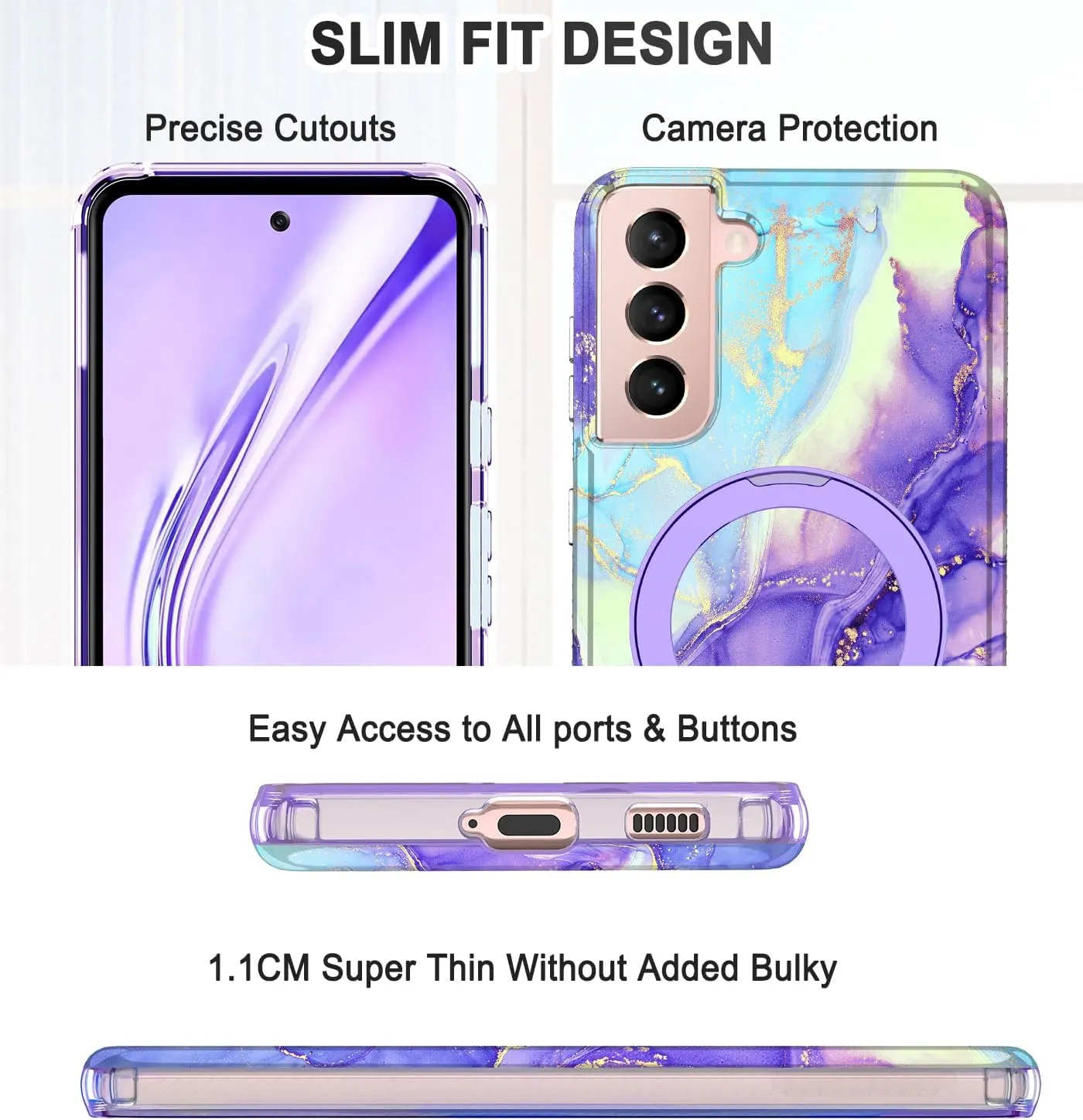 for Samsung Galaxy S21 Case with Magnetic Invisible Ring Stand [Compatible with MagSafe], Full Body Rugged Slim Women Men Girl Shockproof Marble Pattern Design Case, Cobalt Violet