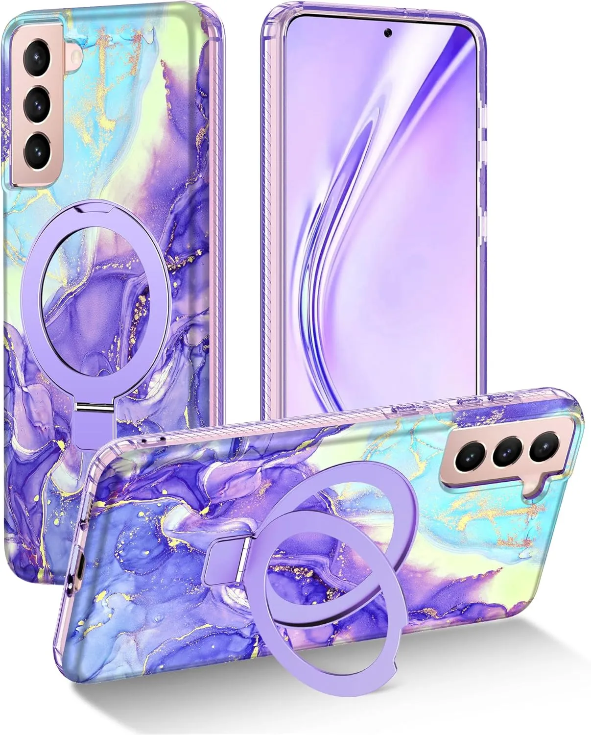 for Samsung Galaxy S21 Case with Magnetic Invisible Ring Stand [Compatible with MagSafe], Full Body Rugged Slim Women Men Girl Shockproof Marble Pattern Design Case, Cobalt Violet