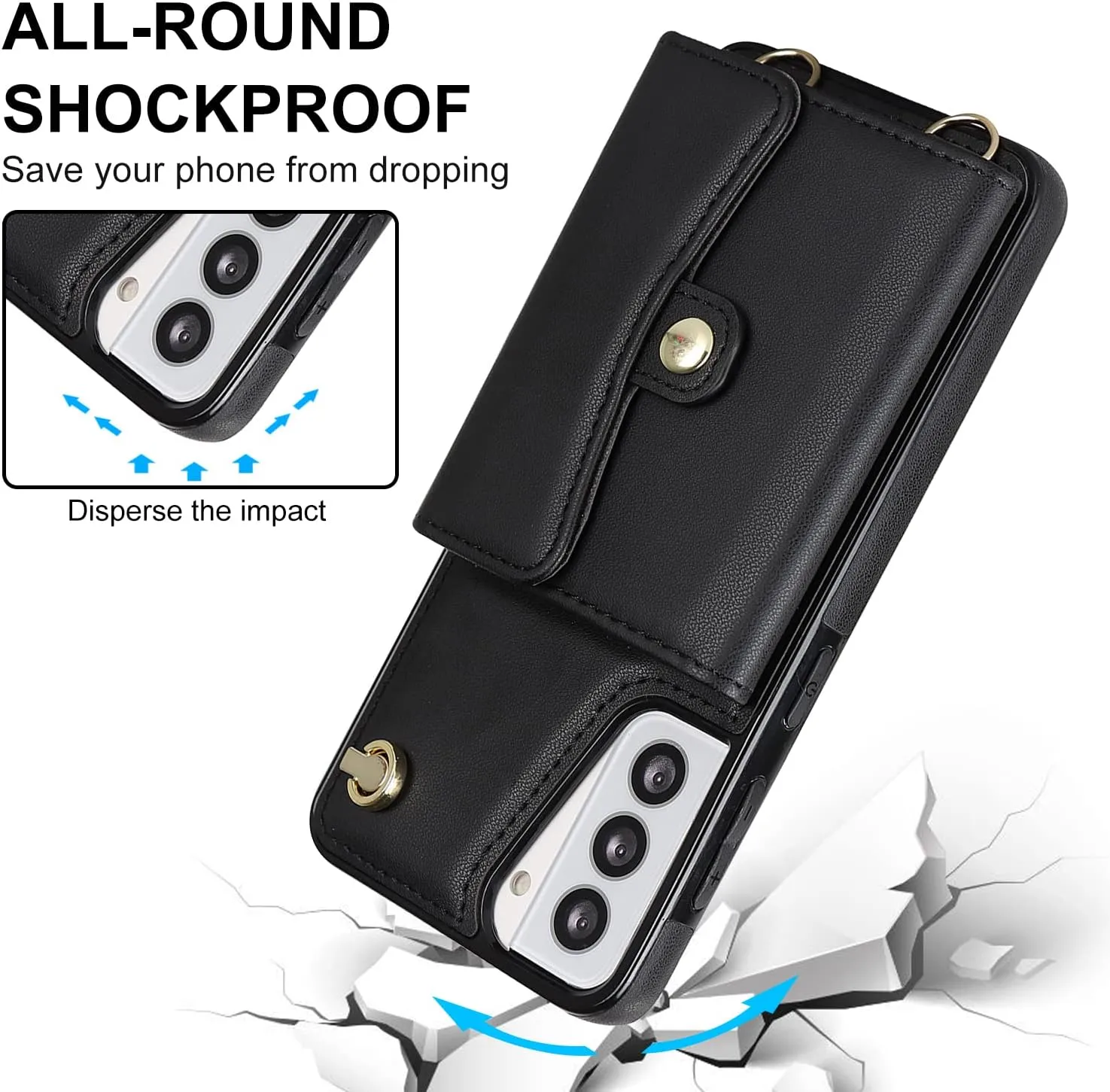 for Samsung Galaxy S21 Case with Multiple Card Slots Leather Fashion with 1 Crossbody Strap and 1 Wrist Strap Kickstand Shockproof Metal Buckle- Black