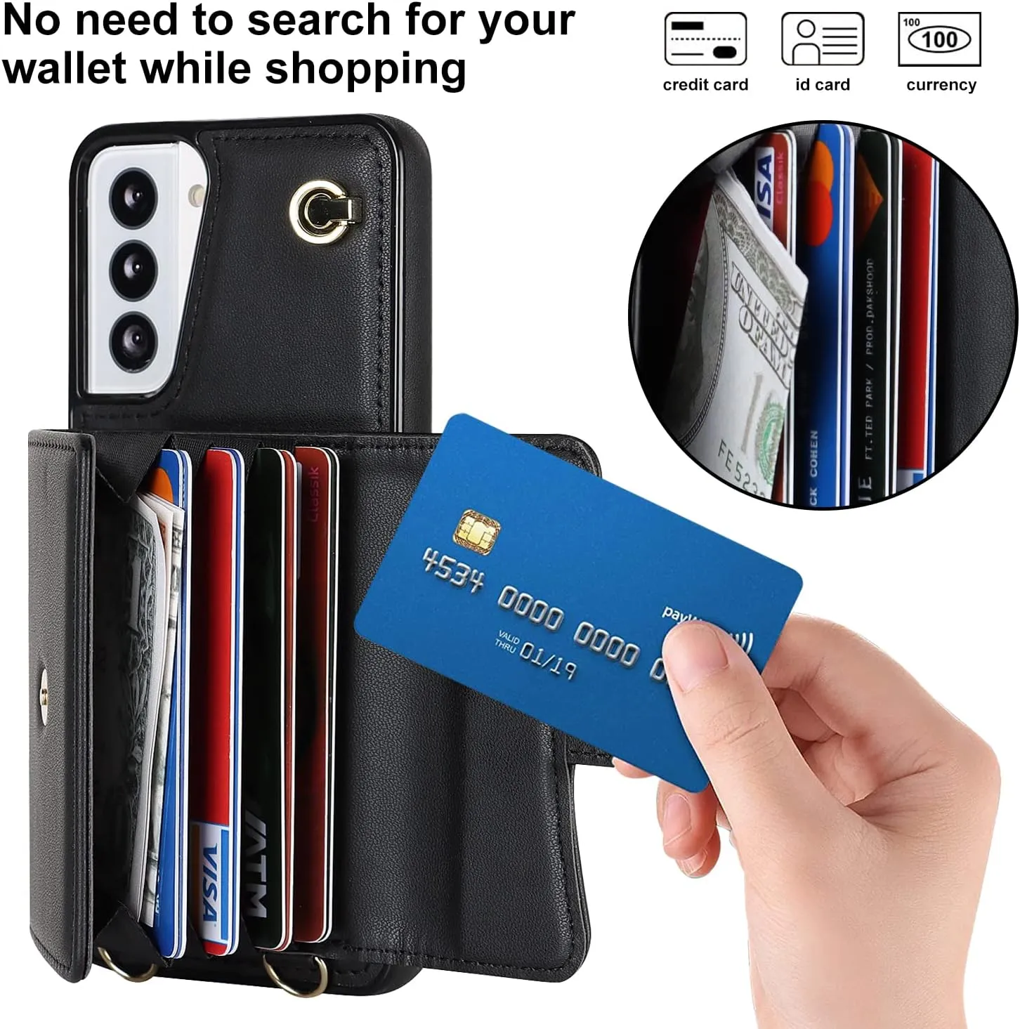 for Samsung Galaxy S21 Case with Multiple Card Slots Leather Fashion with 1 Crossbody Strap and 1 Wrist Strap Kickstand Shockproof Metal Buckle- Black