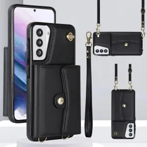 for Samsung Galaxy S21 Case with Multiple Card Slots Leather Fashion with 1 Crossbody Strap and 1 Wrist Strap Kickstand Shockproof Metal Buckle- Black