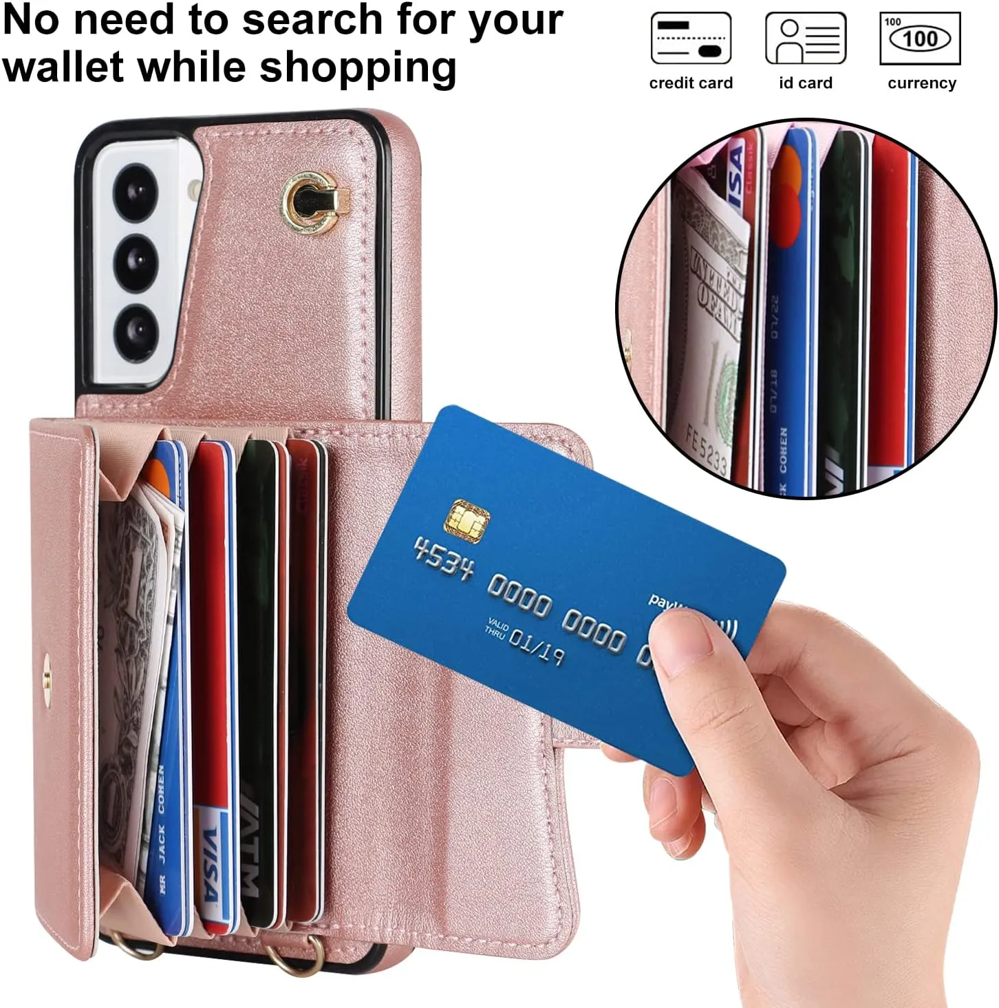 for Samsung Galaxy S21 Case with Multiple Card Slots Leather Fashion with 1 Crossbody Strap and 1 Wrist Strap Kickstand Shockproof Metal Buckle- Rose Gold