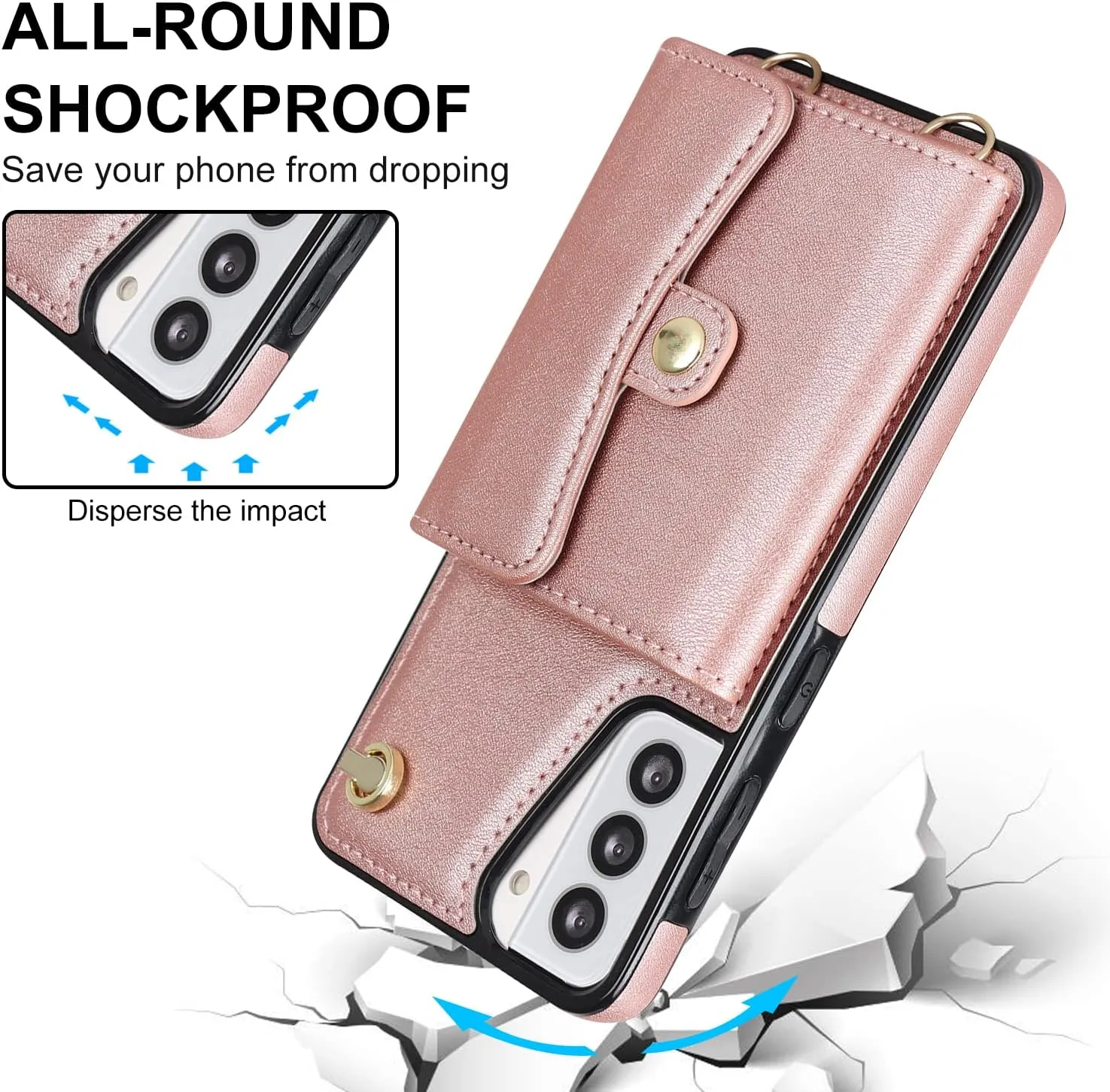 for Samsung Galaxy S21 Case with Multiple Card Slots Leather Fashion with 1 Crossbody Strap and 1 Wrist Strap Kickstand Shockproof Metal Buckle- Rose Gold
