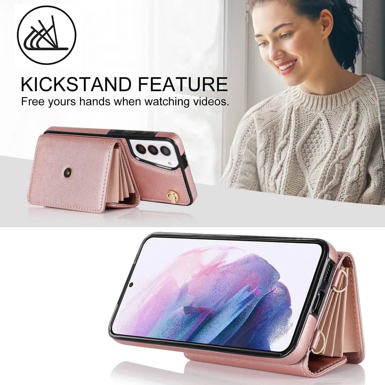 for Samsung Galaxy S21 Case with Multiple Card Slots Leather Fashion with 1 Crossbody Strap and 1 Wrist Strap Kickstand Shockproof Metal Buckle- Rose Gold