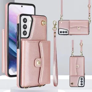 for Samsung Galaxy S21 Case with Multiple Card Slots Leather Fashion with 1 Crossbody Strap and 1 Wrist Strap Kickstand Shockproof Metal Buckle- Rose Gold