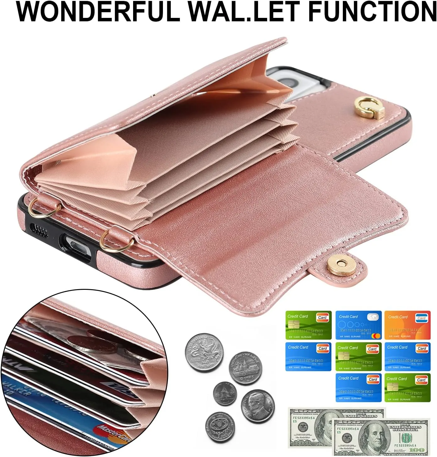 for Samsung Galaxy S21 Case with Multiple Card Slots Leather Fashion with 1 Crossbody Strap and 1 Wrist Strap Kickstand Shockproof Metal Buckle- Rose Gold