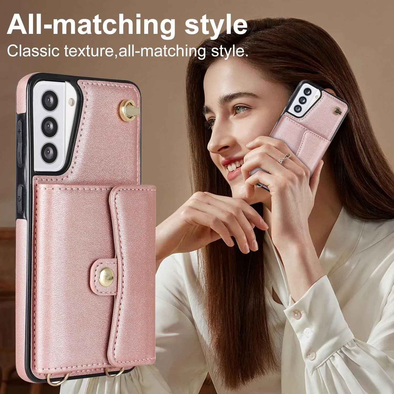 for Samsung Galaxy S21 Case with Multiple Card Slots Leather Fashion with 1 Crossbody Strap and 1 Wrist Strap Kickstand Shockproof Metal Buckle- Rose Gold