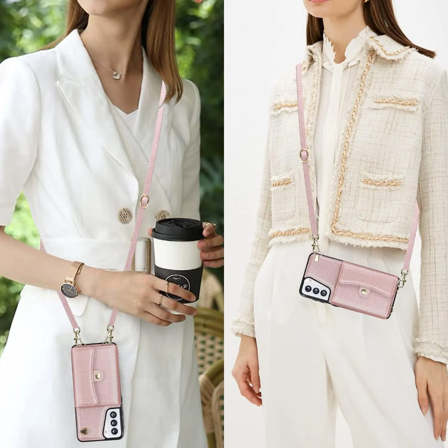 for Samsung Galaxy S21 Case with Multiple Card Slots Leather Fashion with 1 Crossbody Strap and 1 Wrist Strap Kickstand Shockproof Metal Buckle- Rose Gold