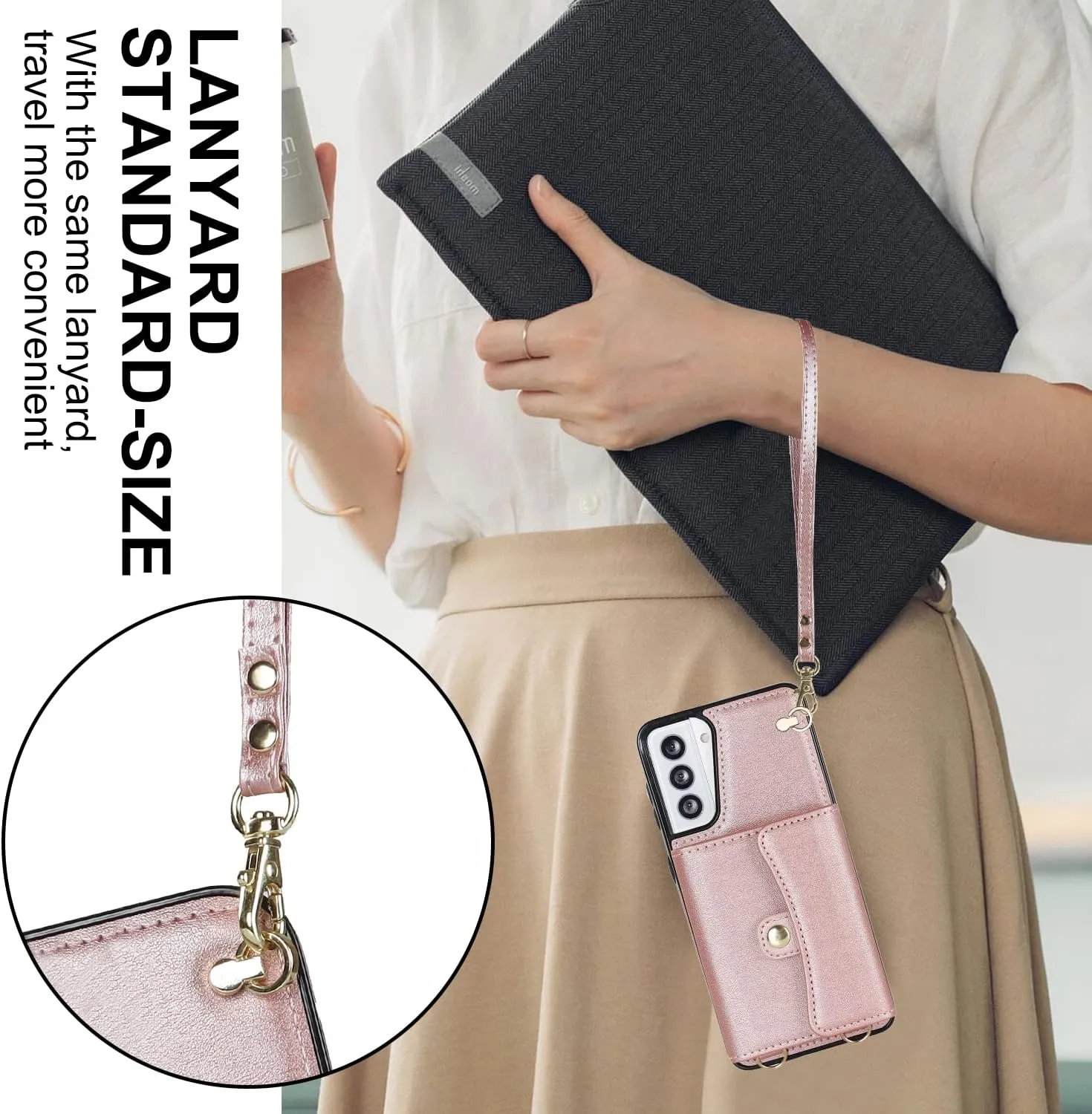 for Samsung Galaxy S21 Case with Multiple Card Slots Leather Fashion with 1 Crossbody Strap and 1 Wrist Strap Kickstand Shockproof Metal Buckle- Rose Gold