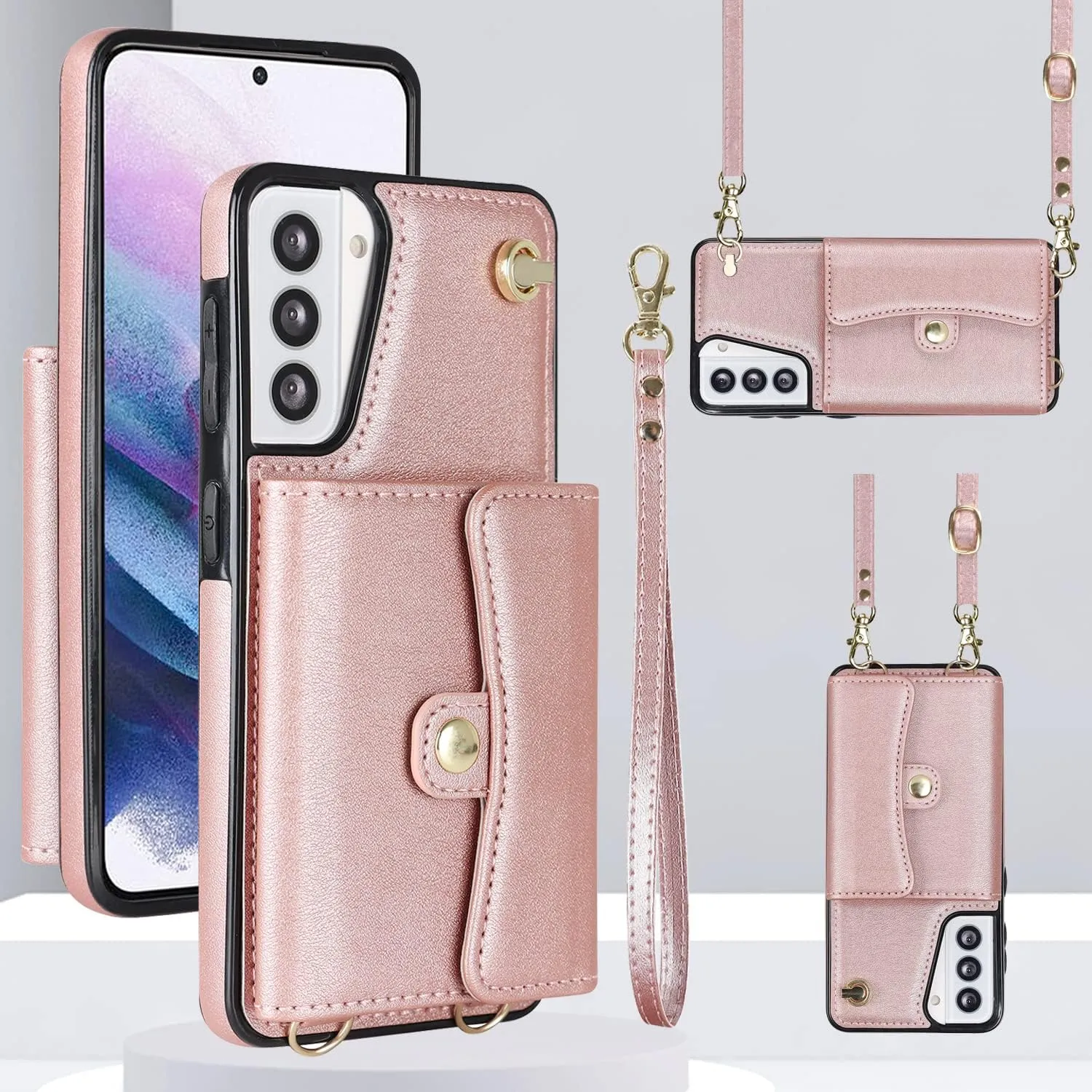 for Samsung Galaxy S21 Case with Multiple Card Slots Leather Fashion with 1 Crossbody Strap and 1 Wrist Strap Kickstand Shockproof Metal Buckle- Rose Gold