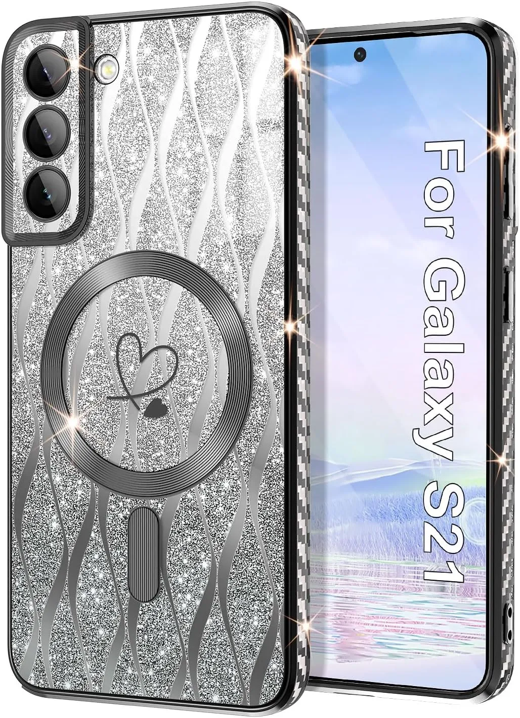 for Samsung Galaxy S21 Case,Compatible with Magsafe Luxury Glitter Plating Love Heart with Camera Lens Cover Clear Soft TPU Shockproof Magnetic Phone Case for Women Girls, Black