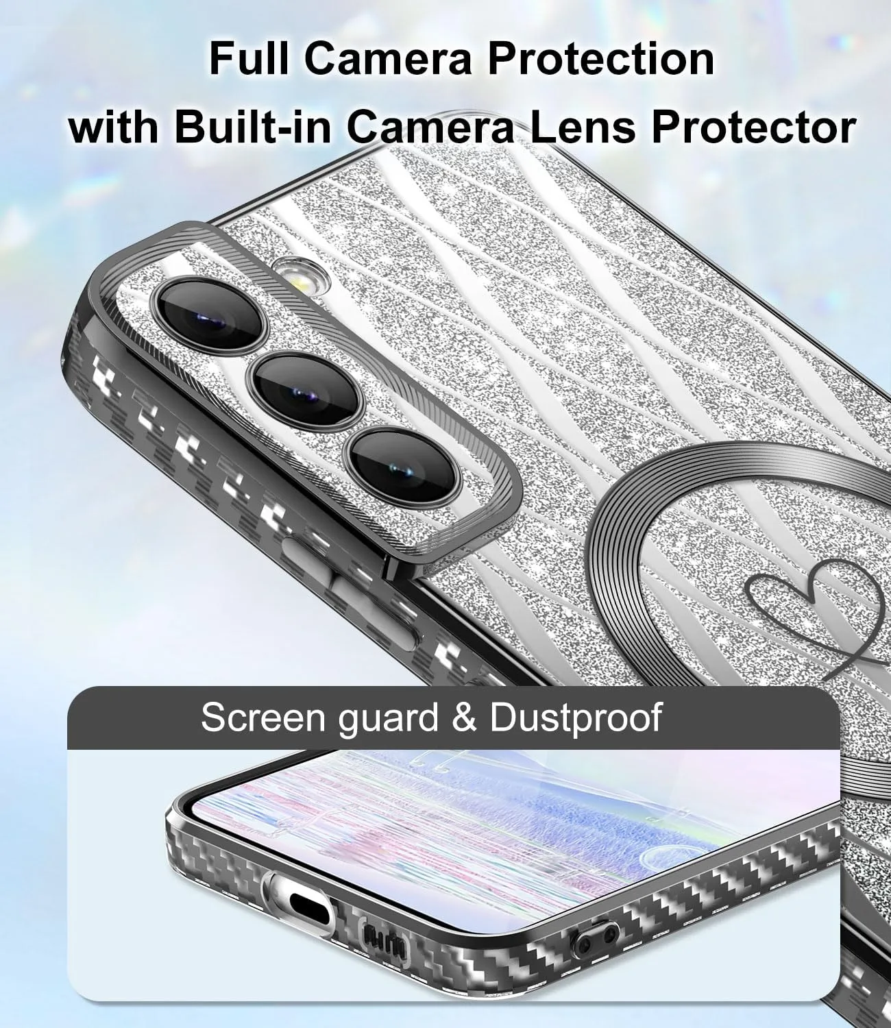 for Samsung Galaxy S21 Case,Compatible with Magsafe Luxury Glitter Plating Love Heart with Camera Lens Cover Clear Soft TPU Shockproof Magnetic Phone Case for Women Girls, Black