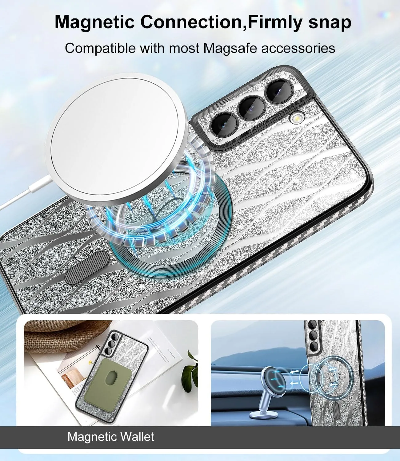 for Samsung Galaxy S21 Case,Compatible with Magsafe Luxury Glitter Plating Love Heart with Camera Lens Cover Clear Soft TPU Shockproof Magnetic Phone Case for Women Girls, Black