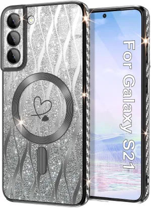 for Samsung Galaxy S21 Case,Compatible with Magsafe Luxury Glitter Plating Love Heart with Camera Lens Cover Clear Soft TPU Shockproof Magnetic Phone Case for Women Girls, Black