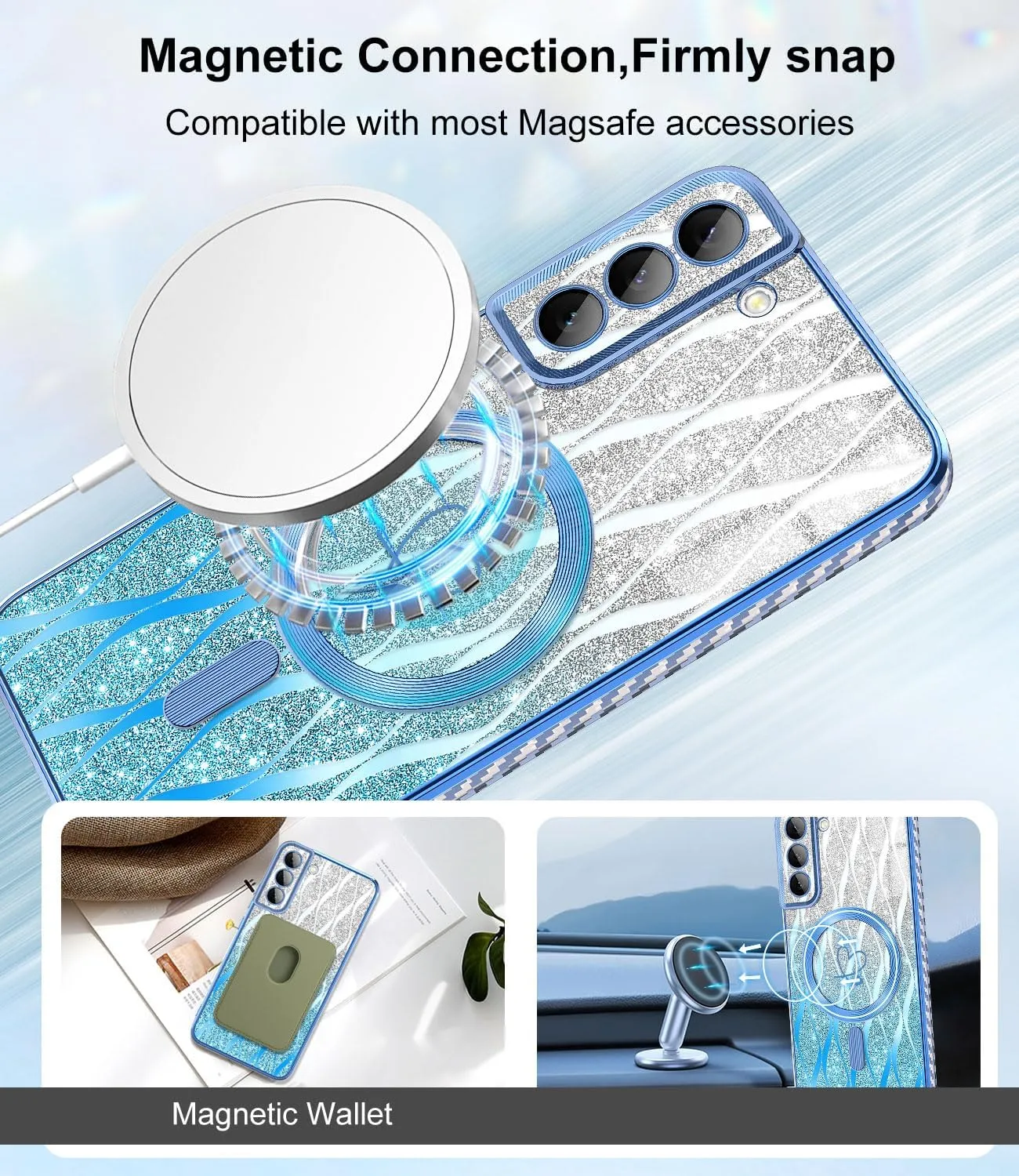 for Samsung Galaxy S21 Case,Compatible with Magsafe Luxury Glitter Plating Love Heart with Camera Lens Cover Clear Soft TPU Shockproof Magnetic Phone Case for Women Girls, Blue