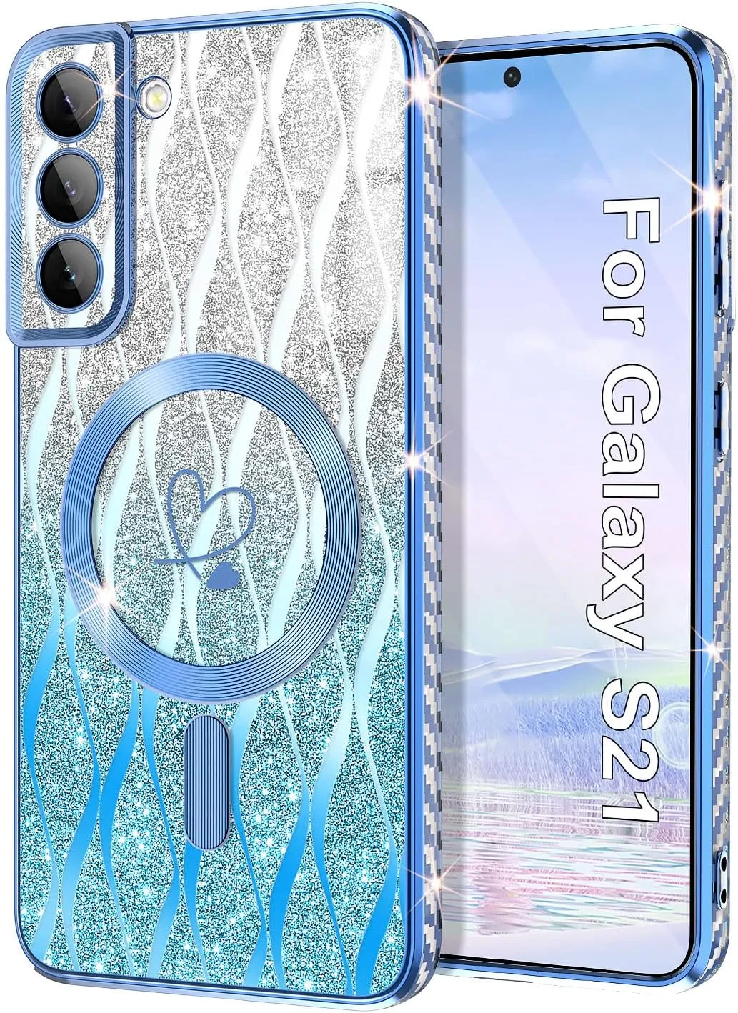 for Samsung Galaxy S21 Case,Compatible with Magsafe Luxury Glitter Plating Love Heart with Camera Lens Cover Clear Soft TPU Shockproof Magnetic Phone Case for Women Girls, Blue