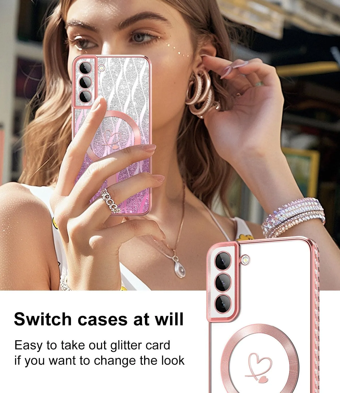 for Samsung Galaxy S21 Case,Compatible with Magsafe Luxury Glitter Plating Love Heart with Camera Lens Cover Clear Soft TPU Shockproof Magnetic Phone Case for Women Girls, Rose Gold