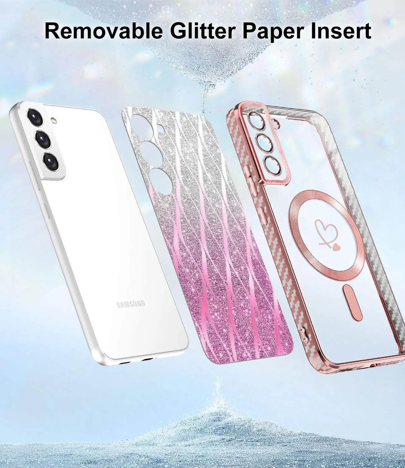 for Samsung Galaxy S21 Case,Compatible with Magsafe Luxury Glitter Plating Love Heart with Camera Lens Cover Clear Soft TPU Shockproof Magnetic Phone Case for Women Girls, Rose Gold