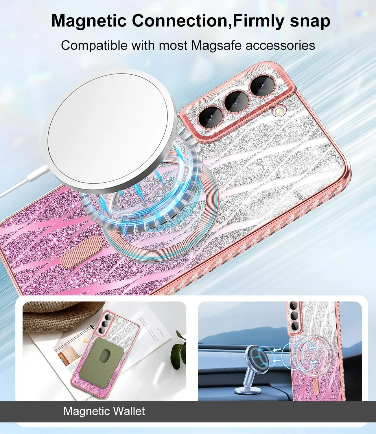for Samsung Galaxy S21 Case,Compatible with Magsafe Luxury Glitter Plating Love Heart with Camera Lens Cover Clear Soft TPU Shockproof Magnetic Phone Case for Women Girls, Rose Gold