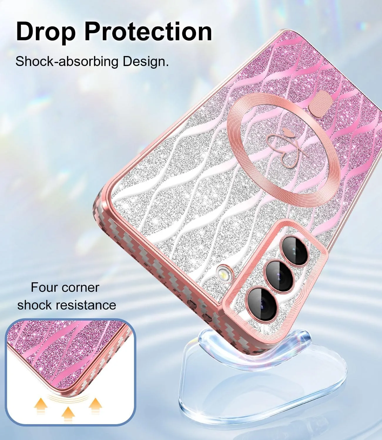 for Samsung Galaxy S21 Case,Compatible with Magsafe Luxury Glitter Plating Love Heart with Camera Lens Cover Clear Soft TPU Shockproof Magnetic Phone Case for Women Girls, Rose Gold