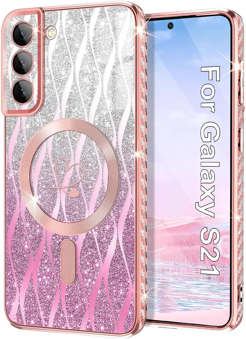 for Samsung Galaxy S21 Case,Compatible with Magsafe Luxury Glitter Plating Love Heart with Camera Lens Cover Clear Soft TPU Shockproof Magnetic Phone Case for Women Girls, Rose Gold