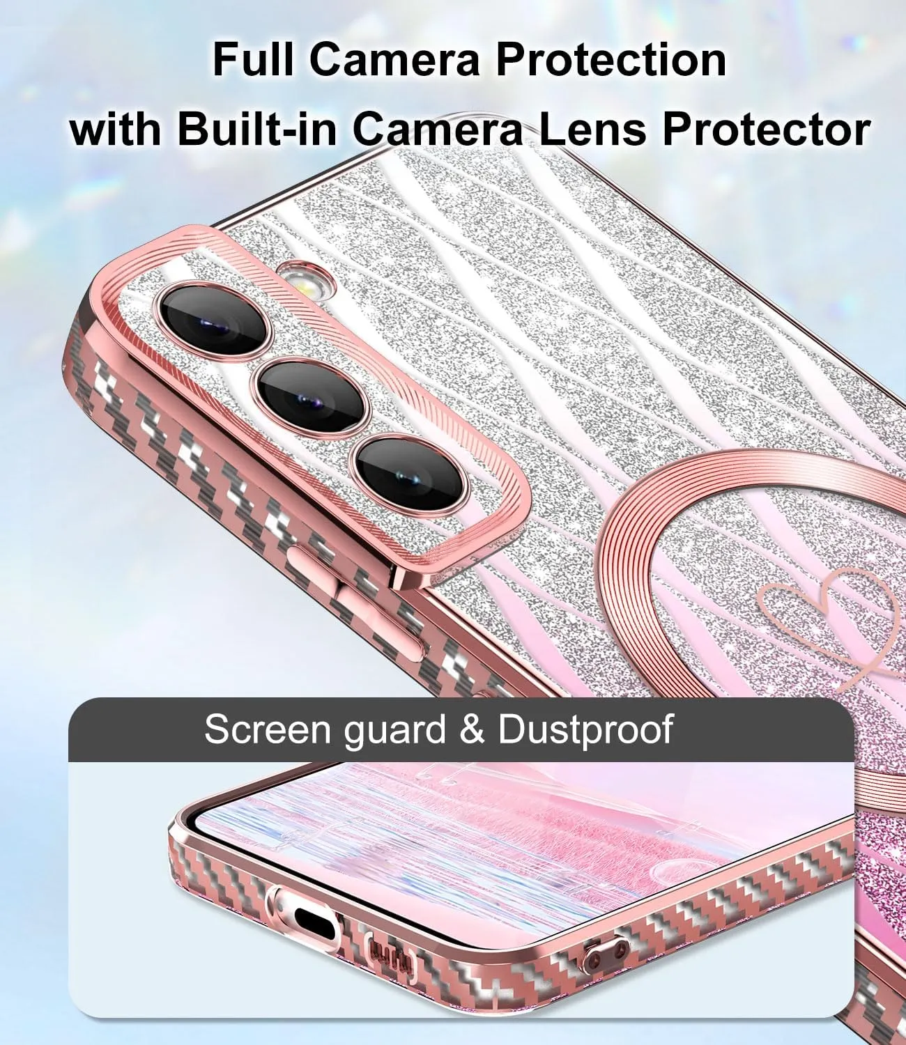 for Samsung Galaxy S21 Case,Compatible with Magsafe Luxury Glitter Plating Love Heart with Camera Lens Cover Clear Soft TPU Shockproof Magnetic Phone Case for Women Girls, Rose Gold