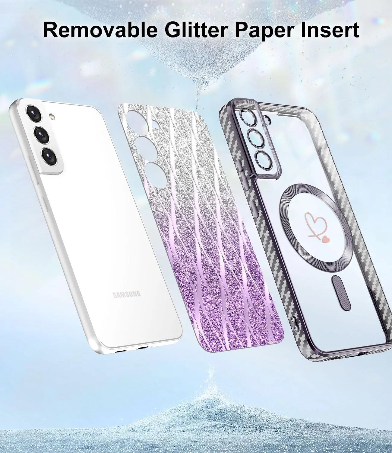 for Samsung Galaxy S21 Plus Case,Compatible with Magsafe Luxury Glitter Plating Love Heart with Camera Lens Cover Clear Soft TPU Shockproof Magnetic Phone Case for Women Girls, Purple