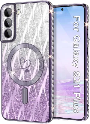 for Samsung Galaxy S21 Plus Case,Compatible with Magsafe Luxury Glitter Plating Love Heart with Camera Lens Cover Clear Soft TPU Shockproof Magnetic Phone Case for Women Girls, Purple