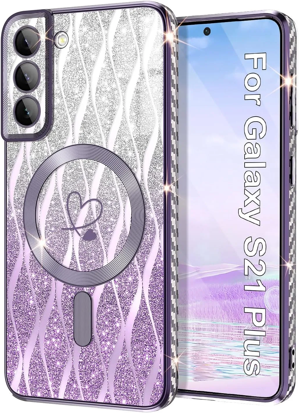 for Samsung Galaxy S21 Plus Case,Compatible with Magsafe Luxury Glitter Plating Love Heart with Camera Lens Cover Clear Soft TPU Shockproof Magnetic Phone Case for Women Girls, Purple