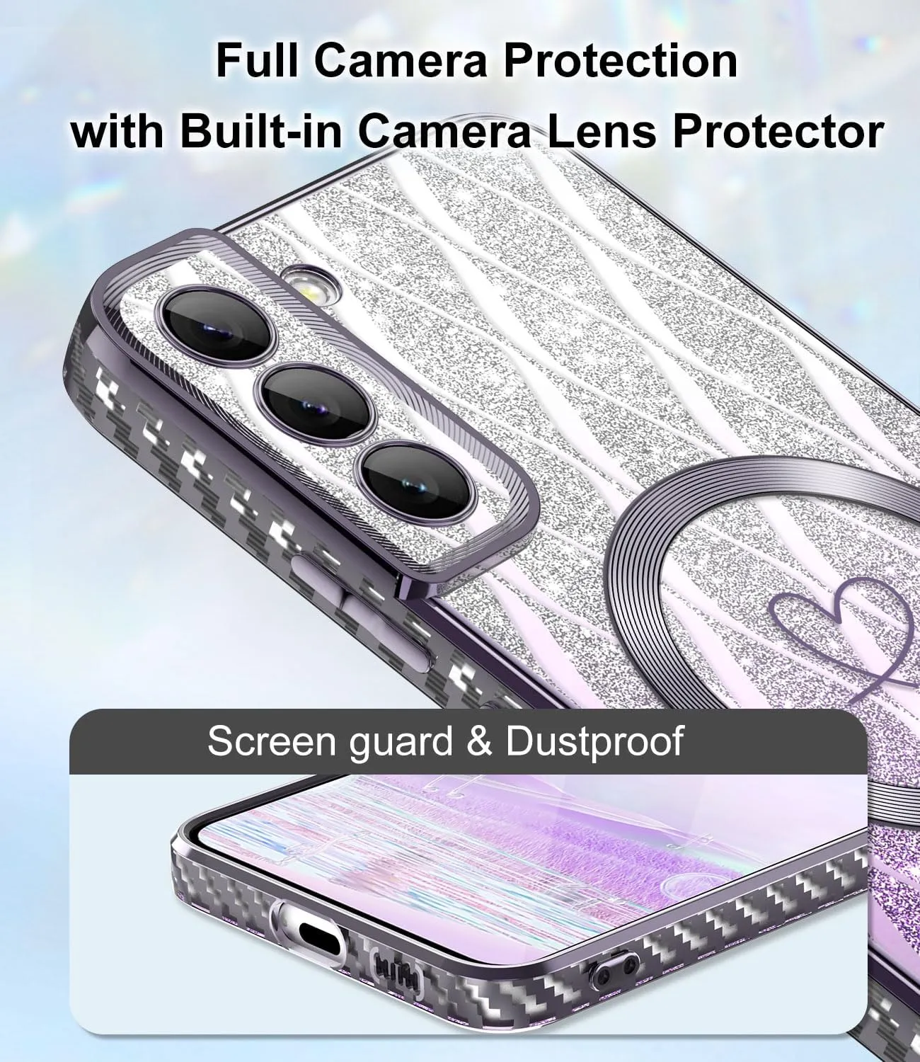 for Samsung Galaxy S21 Plus Case,Compatible with Magsafe Luxury Glitter Plating Love Heart with Camera Lens Cover Clear Soft TPU Shockproof Magnetic Phone Case for Women Girls, Purple