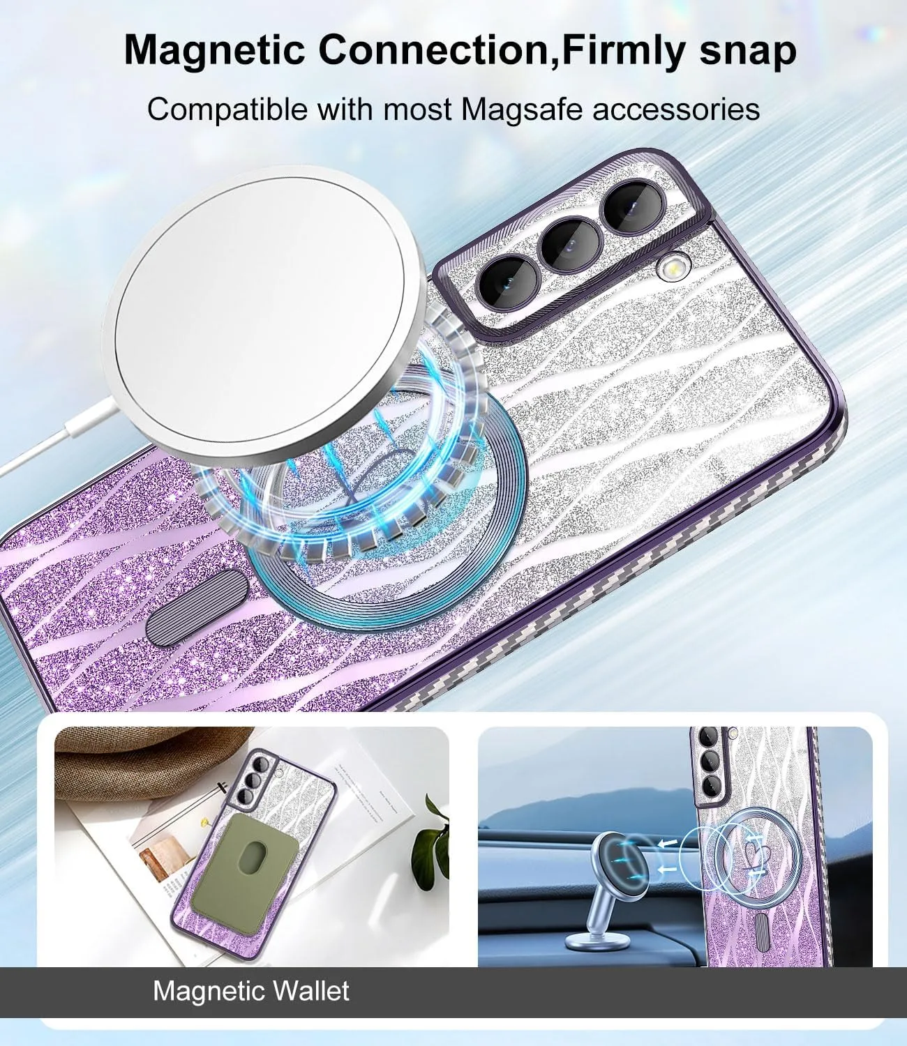for Samsung Galaxy S21 Plus Case,Compatible with Magsafe Luxury Glitter Plating Love Heart with Camera Lens Cover Clear Soft TPU Shockproof Magnetic Phone Case for Women Girls, Purple