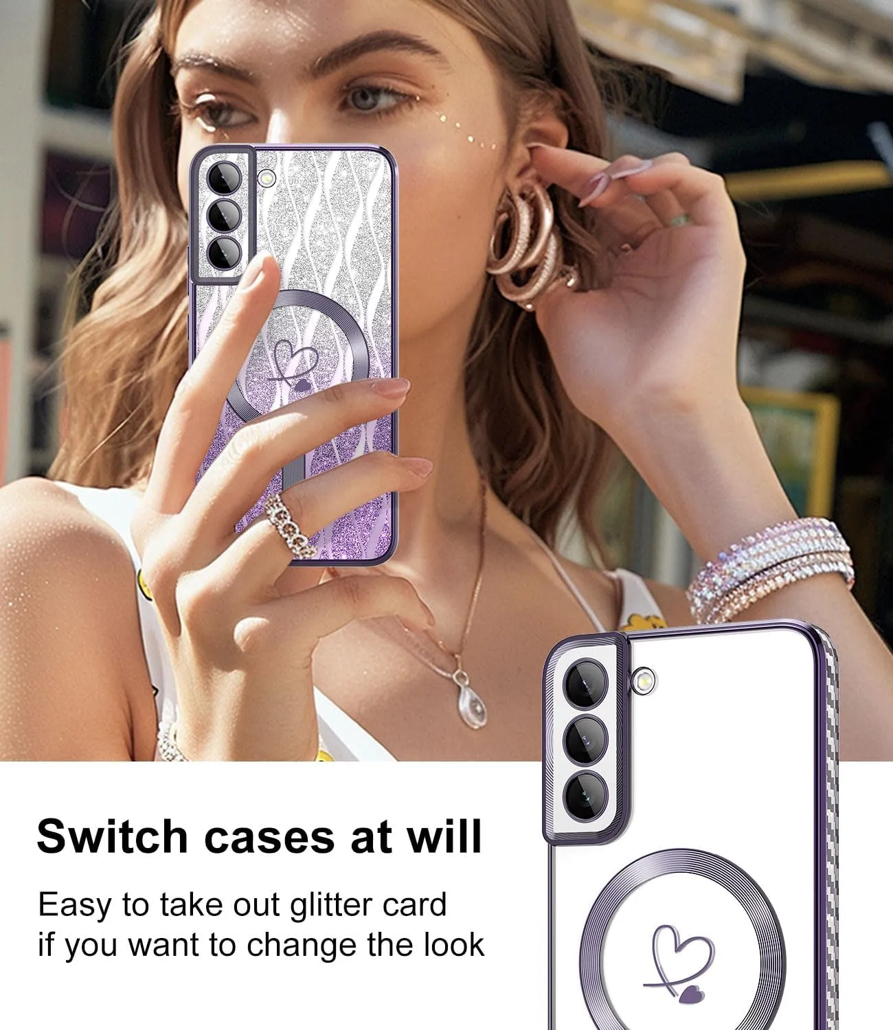 for Samsung Galaxy S21 Plus Case,Compatible with Magsafe Luxury Glitter Plating Love Heart with Camera Lens Cover Clear Soft TPU Shockproof Magnetic Phone Case for Women Girls, Purple